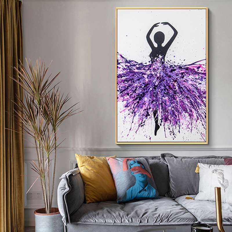现代简约客厅装饰画 卧室原创手绘流彩画 厨房铝合金框挂画 紫裙子