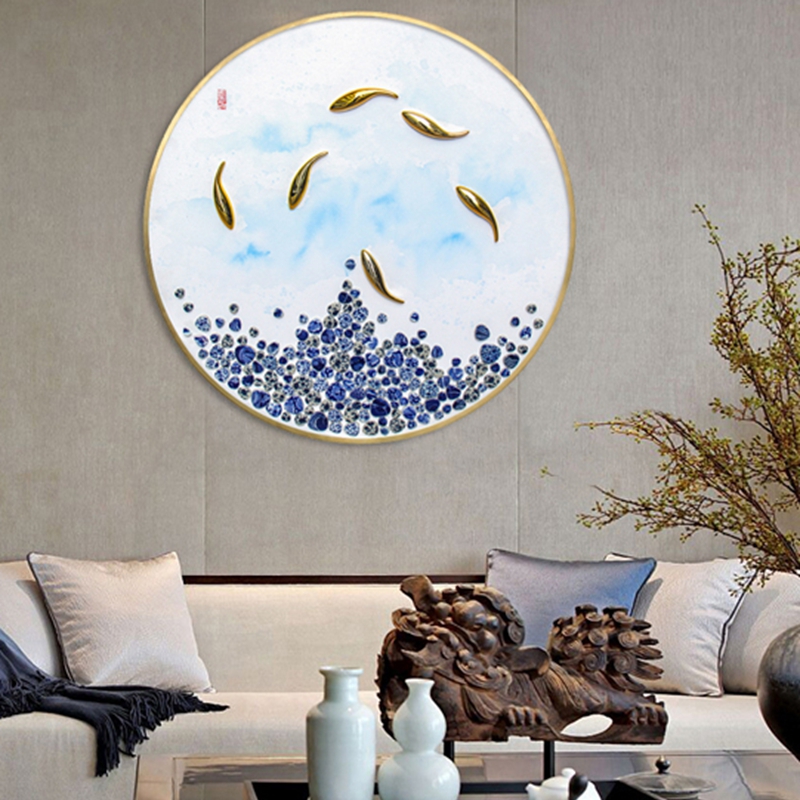 中式客厅装饰画 卧室实物画 玄关不锈钢金属圆框挂画 鱼